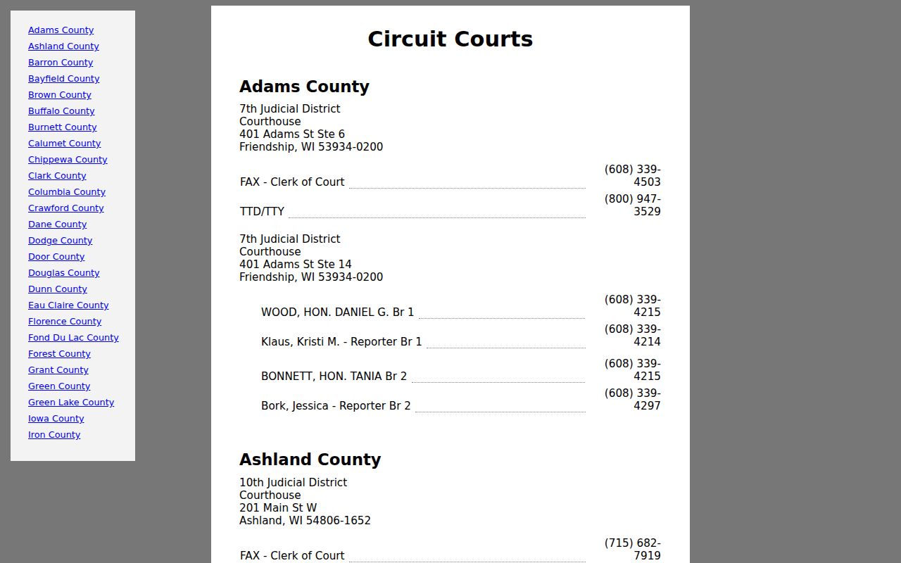 Monroe County court calendar circuit branch directory