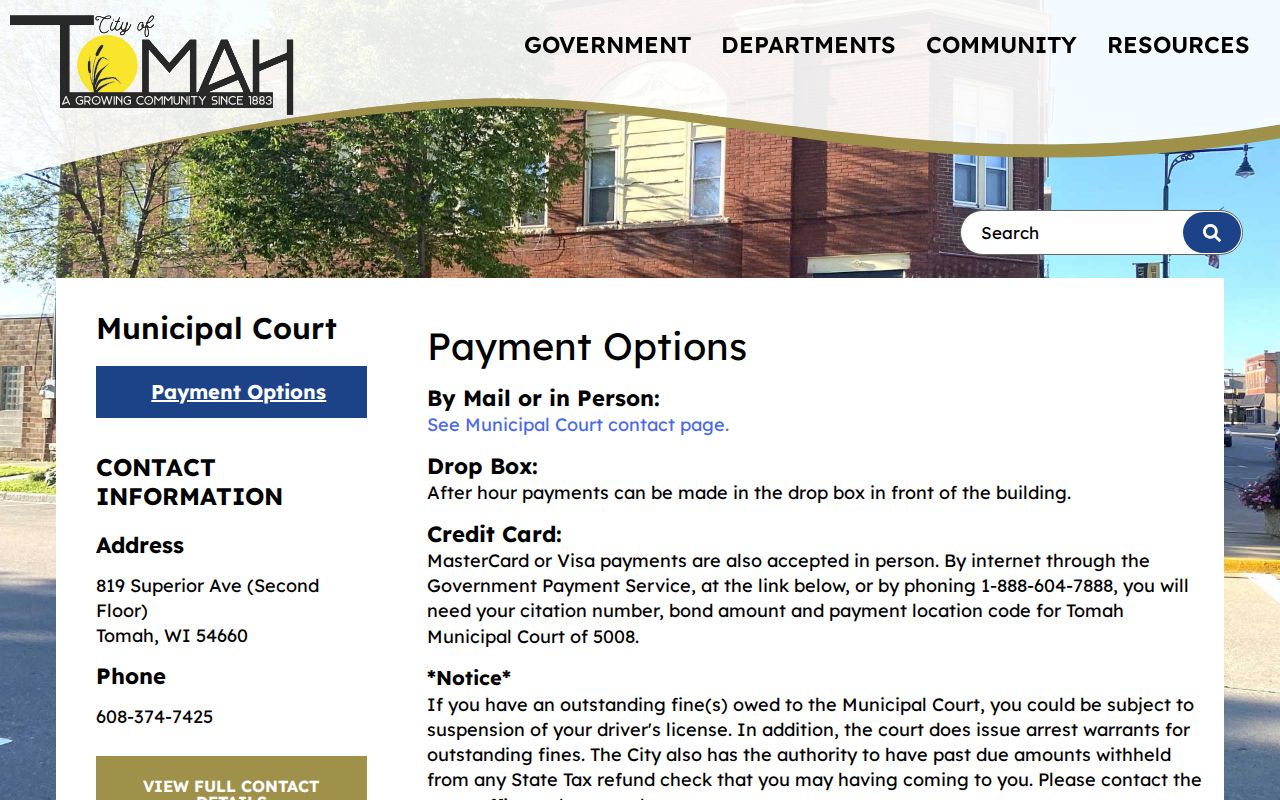 Tomah court docket citation payment options and PLC 5008